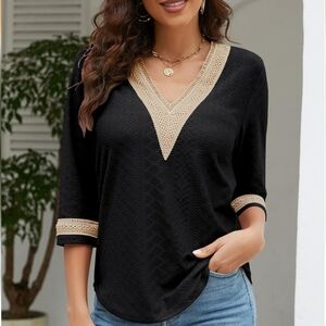 Women's Casual 3/4 Sleeve Shirts Lace V Neck Color Block